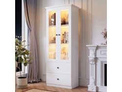 Vitrina vertical en color blanco mate con iluminación LED, mando a distancia de 16 colores, 2 cajones y estantes regulables, ideal para el salón.