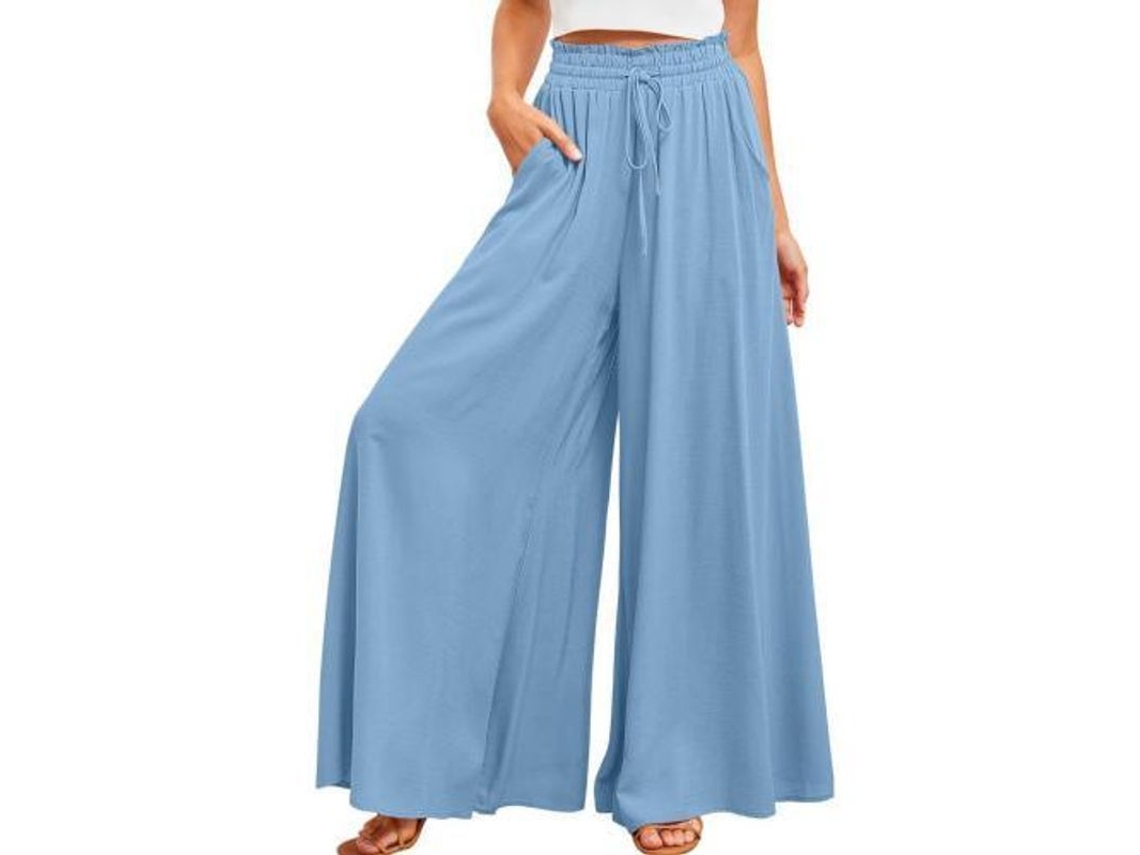 Pantalones casuales de pierna ancha para mujer de la marca Rebe, con cintura elástica y bolsillos, talla XL, color azul.