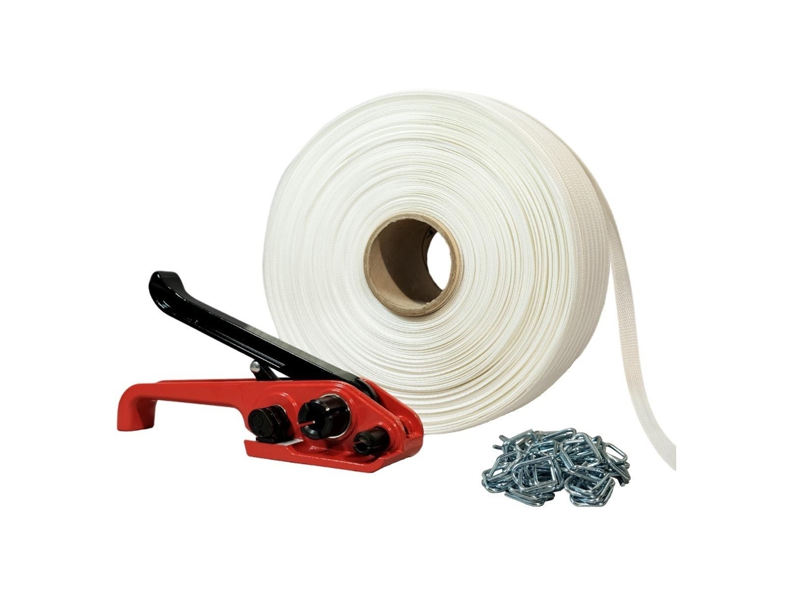 Kit 1 Fleje tejido 16 mm x 850 m 250 hebillas GRATIS 1 tensor - Resistencia 450kg - TECPLAST KFT1