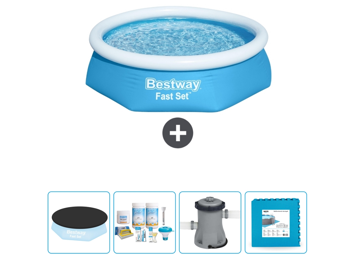 Piscina Hinchable Redonda Fast Set BESTWAY - 244 x 61 cm - Azul - Incluida Cubrir - Paquete de mantenimiento - Bomba - Baldosas