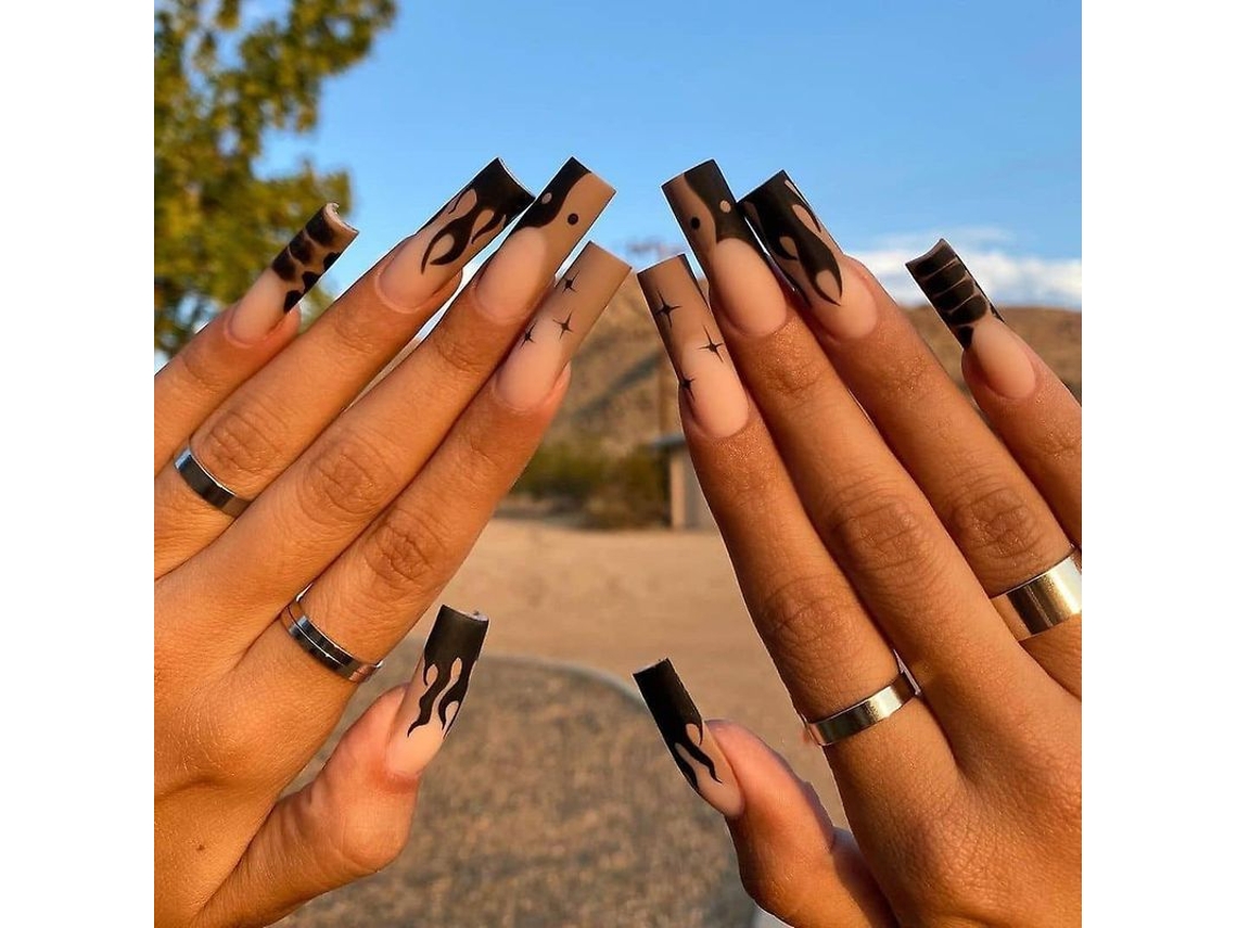 Kit Completo De 24 Piezas Para Uñas Postizas Largas Cuadradas Diy Con Diseño De Llamas Tai Chi.