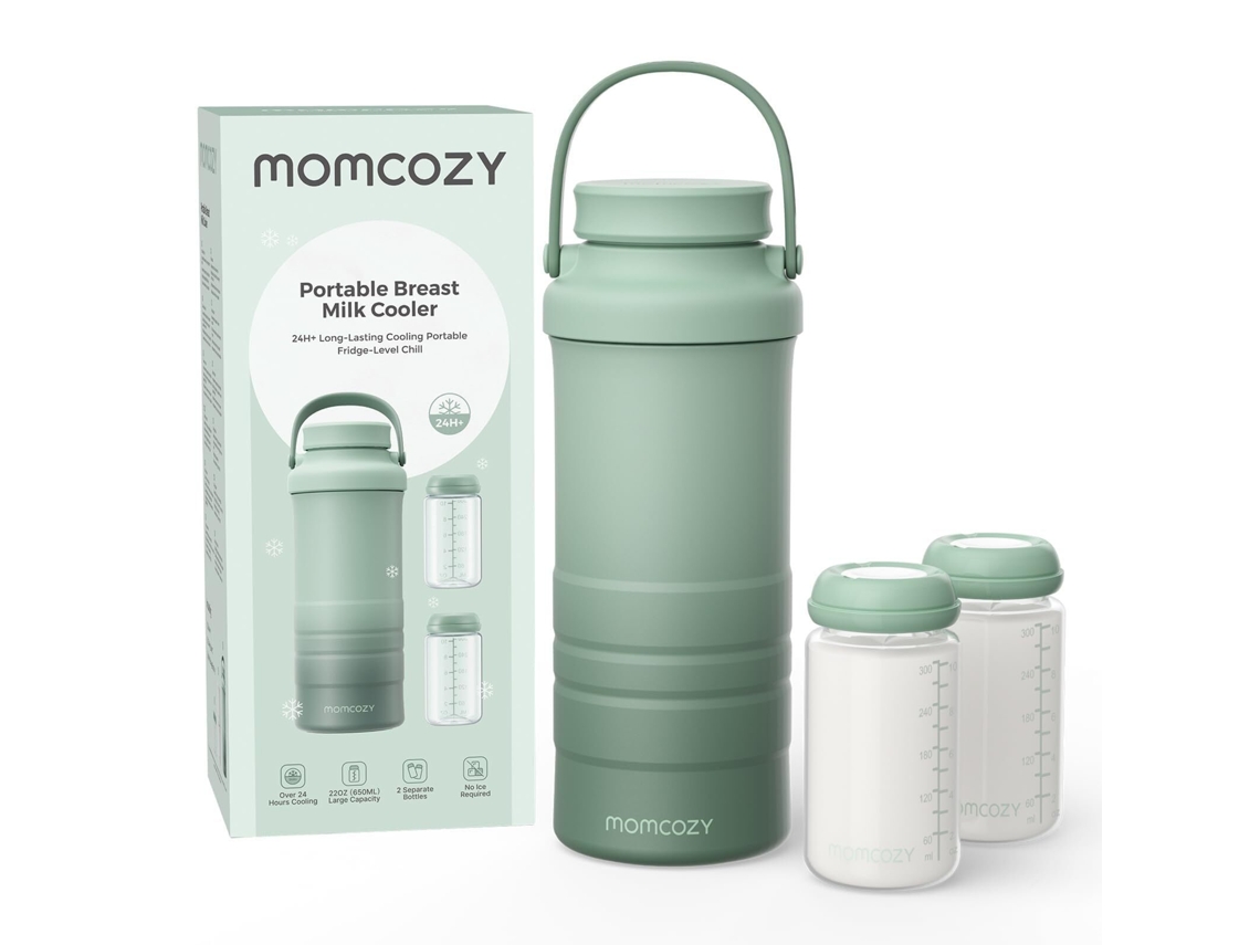 Enfriador portátil de leche materna Momcozy, refrigeración de 360° las 24 horas, con 2 biberones para guardar (630 ml)