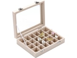 Caja Para Guardar Joyas Con Tapa De Cristal Y Cerradura, Terciopelo Beige.