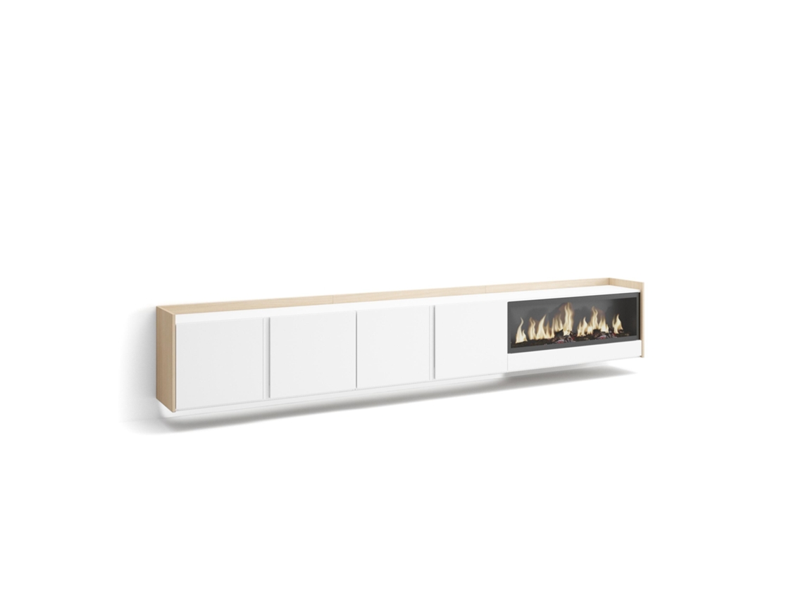 Mueble para TV, 315x35x50cm, para televisores de hasta 80'', chimenea eléctrica XXL, de pared, LED, blanco y roble claro.