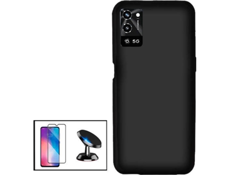 Kit Protector de Cristal Templado 5D Full Cover, Funda Silicona Liquida y Soporte Magnético de Coche Oppo A56 5G PHONECARE Negro