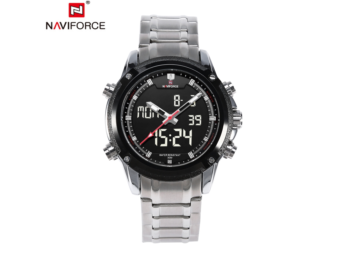 Reloj De Pulsera Analógico-digital De Cuarzo Para Hombre Naviforce Con Luz Led Y Correa Plateada.