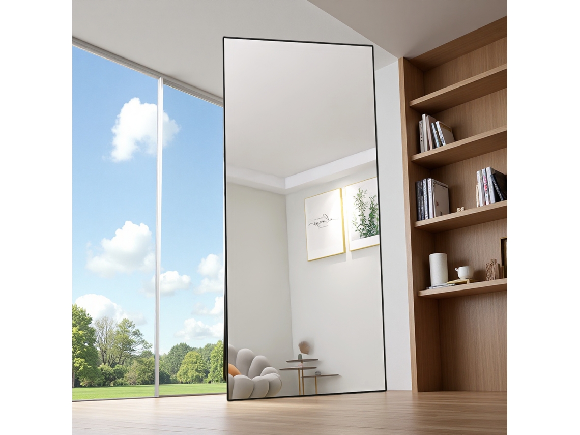 Espejo de maquillaje rectangular de vidrio templado con marco de aluminio negro, 1800 x 800 mm, diseño moderno y elegante. Ycone