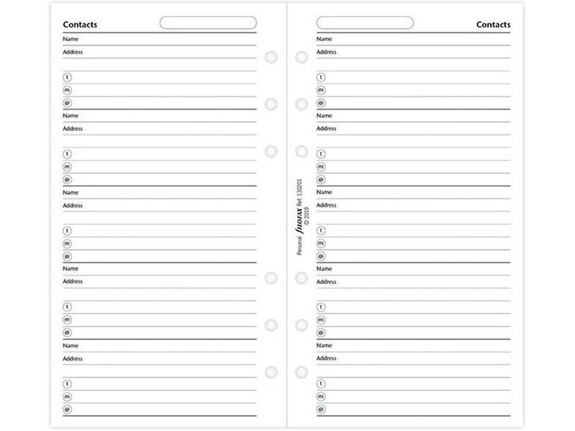 Recarga de Hojas FILOFAX Personal  Contatos (Blanco - Notas - 20 Hojas)