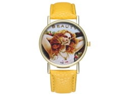 Reloj Unisex Para Parejas, Correa De Pu, Esfera Redonda, Movimiento De Cuarzo Amarillo.