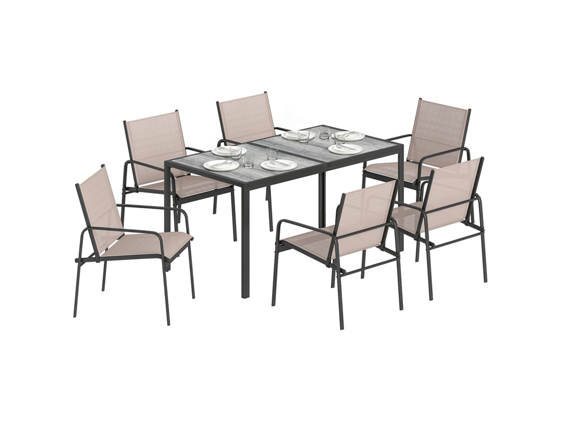 Conjunto De Mesa Y Sillas De Jardín, 6 Sillas De Madera Transpirables, Color Caqui.