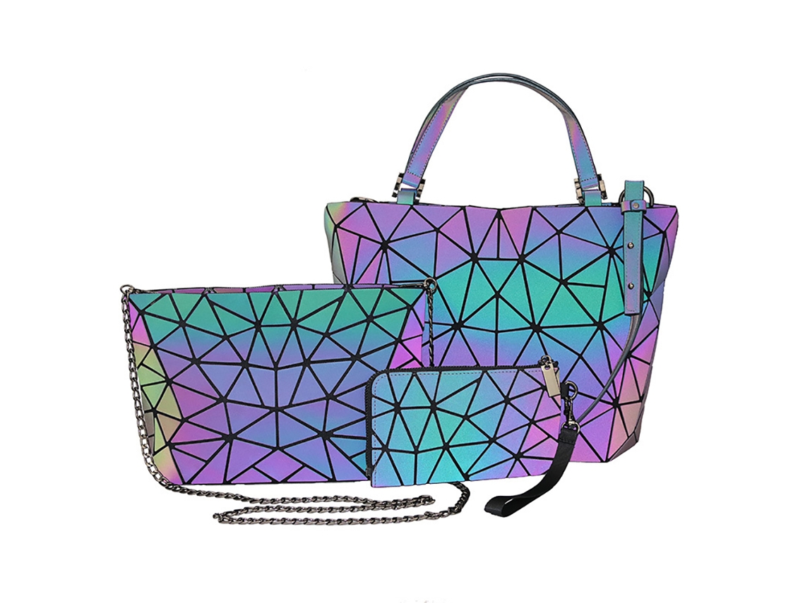 Bolso de mano geométrico luminoso con correa extraíble, bolso bandolera holográfico geométrico luminoso con material reflectante para mujer, bolso tote