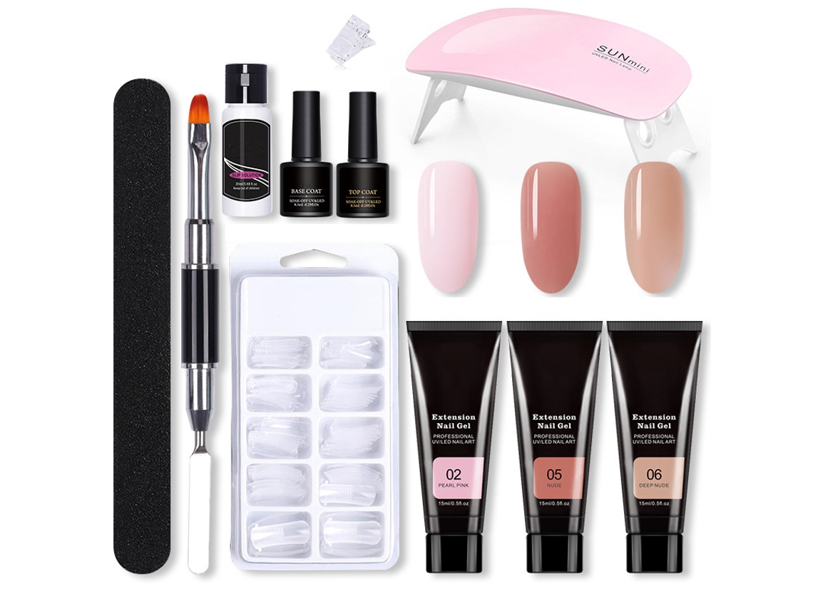 Kit de uñas de gel con gel constructor, moldes de extensión, lámpara UV y lima, ideal para principiantes en manicura.