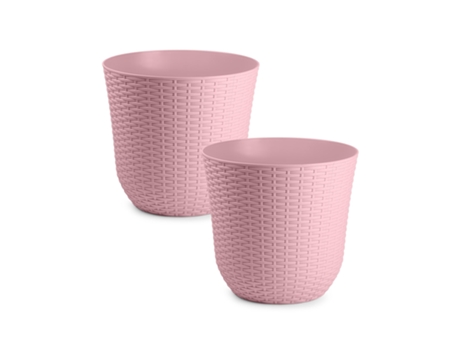PLASTIC FORTE Rattan - Lote de 2 Macetas Decorativas 25 cm. Uso Interior y Exterior. Rosa
