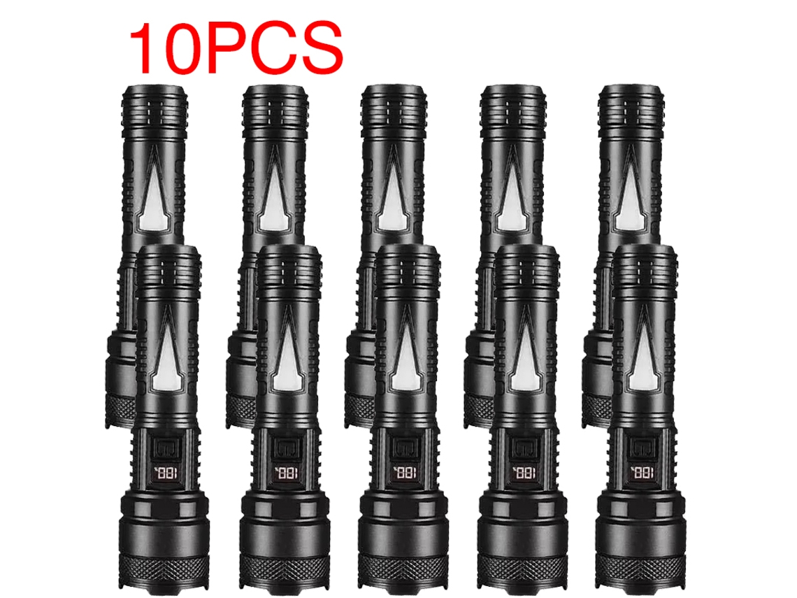Linterna LED de 9900 lm con zoom telescópico, indicador de batería y recargable por USB, ideal para camping y emergencias. Aeuzwr
