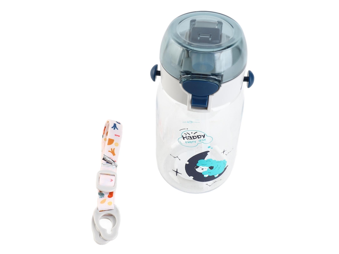 Botella De Agua Para Niños Con Pajita 530ml Anti-derrame Lindo Cartoom Deportiva Con Cordón Para Hogar Escuela Viaje Azul