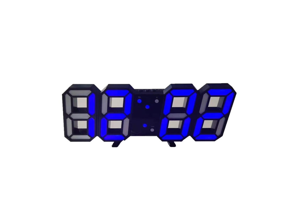 Reloj de pared digital LED 3D con alarma para el hogar y la oficina, letras azules.