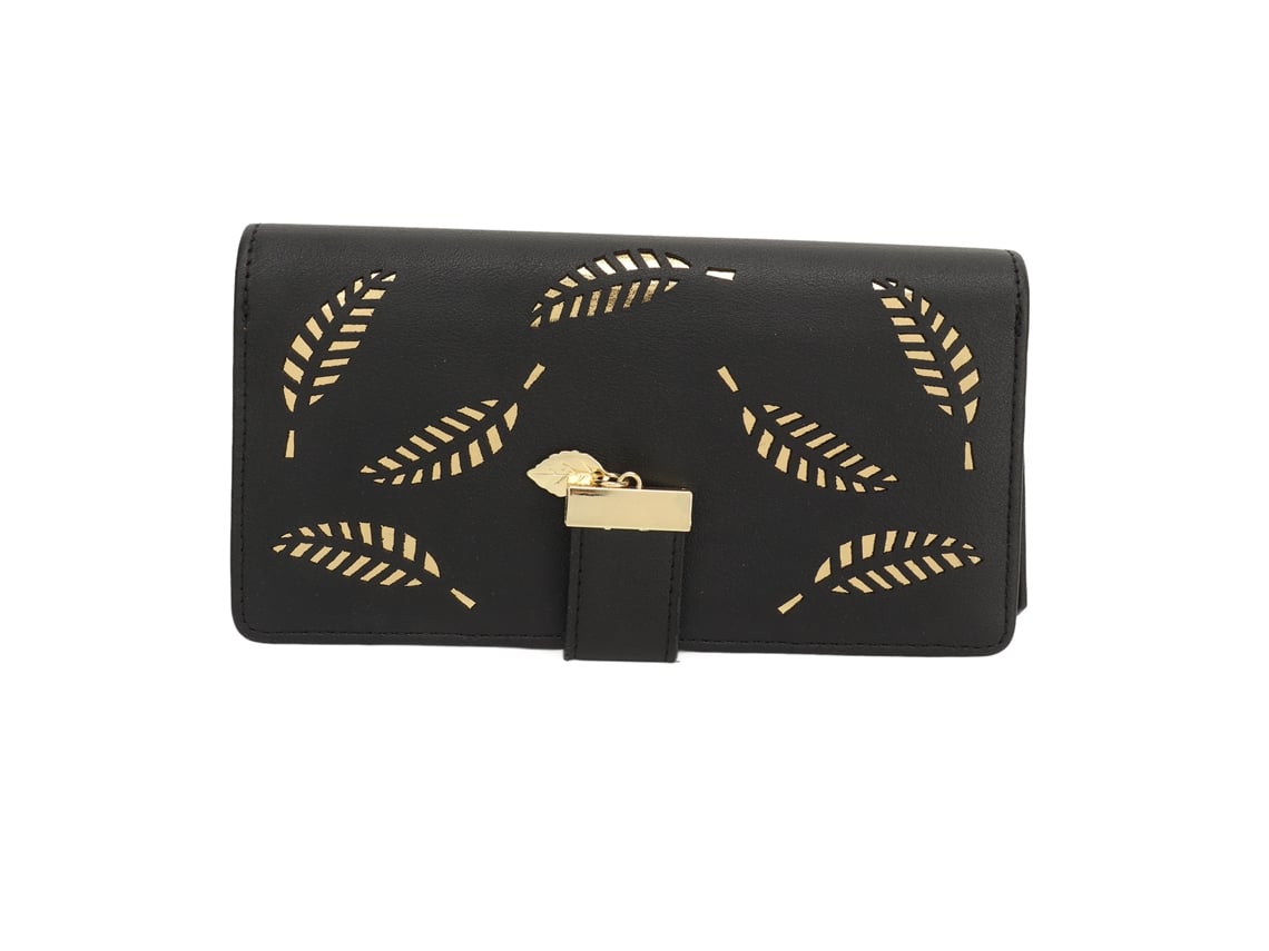 Cartera larga para mujer, de gran capacidad, de piel sintética, con estampado de hojas huecas, para dinero, tarjetas, monedas, color negro.