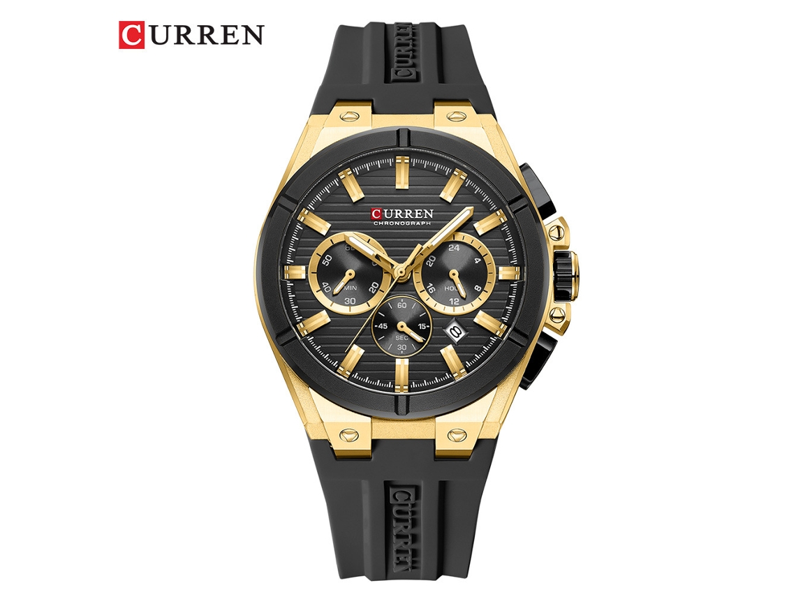 Reloj De Hombre, Seis Agujas, Cronógrafo De Cuarzo, Deportivo (correa Negra, Caja Dorada, Esfera Negra).