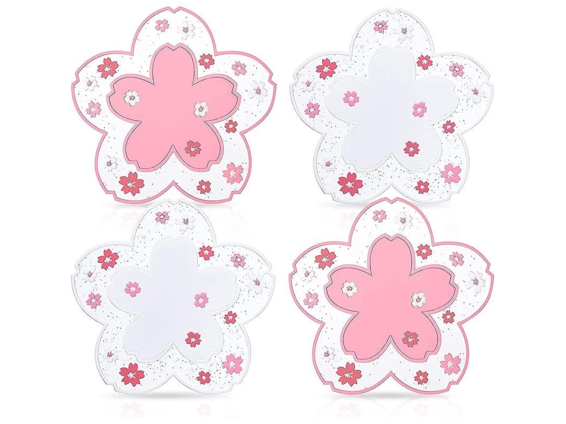 Tazas Linjou Con Diseño De Flor De Cerezo, 4 Piezas, Silicona Acolchada, Rosa Sakura, Bonitos Portavasos.