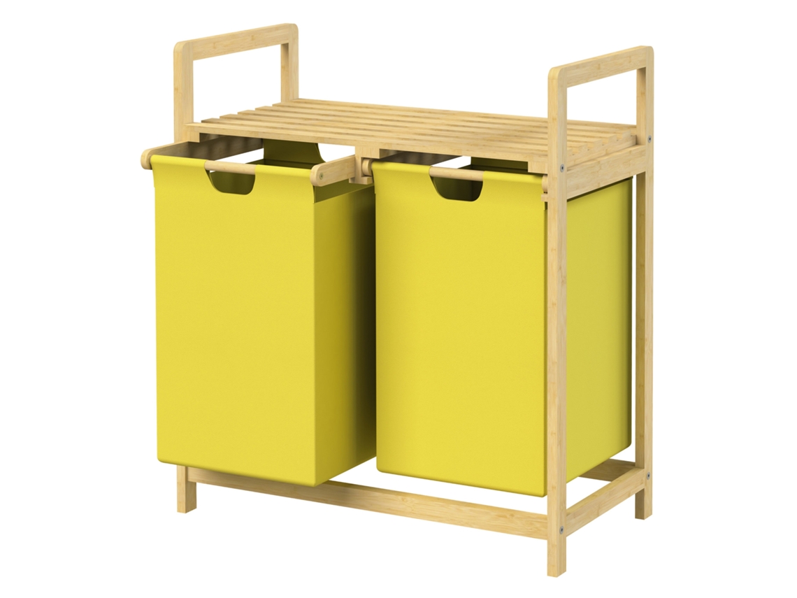 ML-DESIGN amarillo cesto de la ropa 2x30 litros con dos bolsas de ropa extensibles de madera de bambú