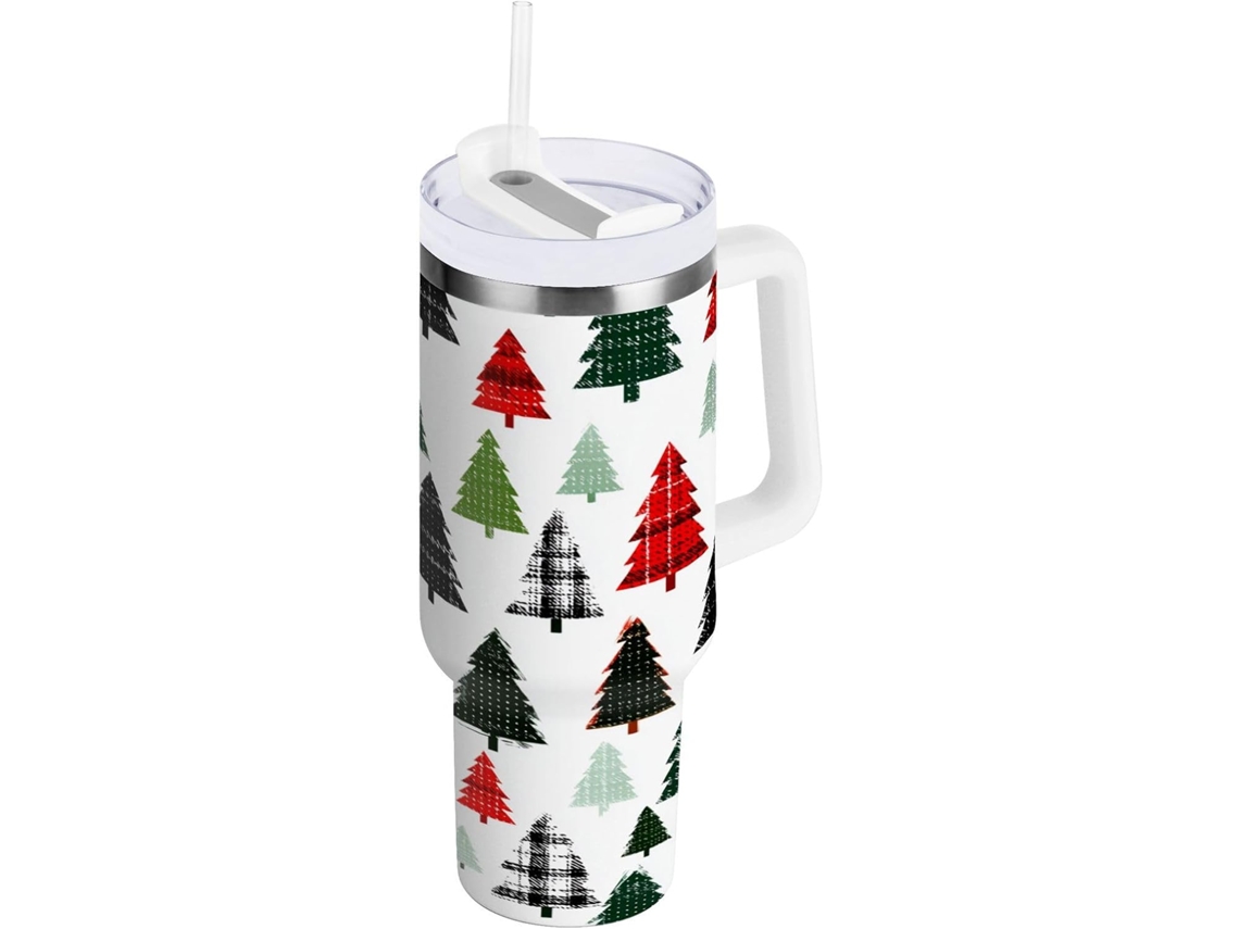 Taza térmica navideña, capacidad de 1200 ml, con pajita y tapa de acero inoxidable. Sin marca.