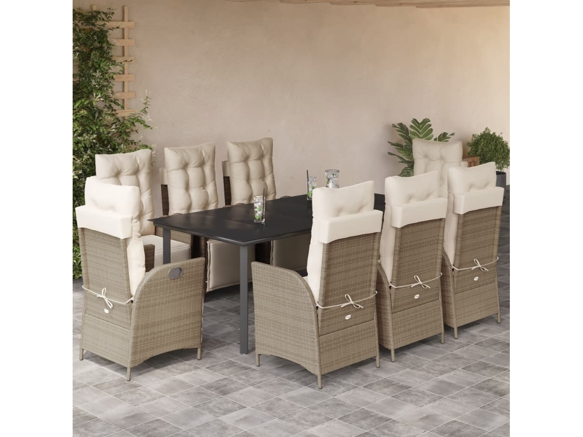 Juego de comedor de jardín de 9 piezas con cojines, mimbre sintético beige, DKD Home Decor