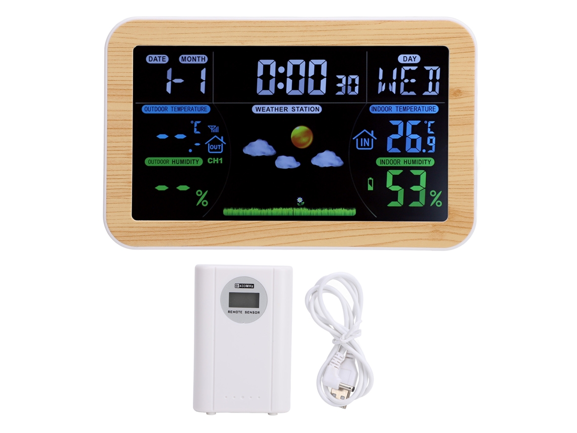 Reloj meteorológico LCD con monitor de temperatura y humedad para interiores y exteriores. Pronóstico meteorológico las 24 horas para garajes y almacenes.