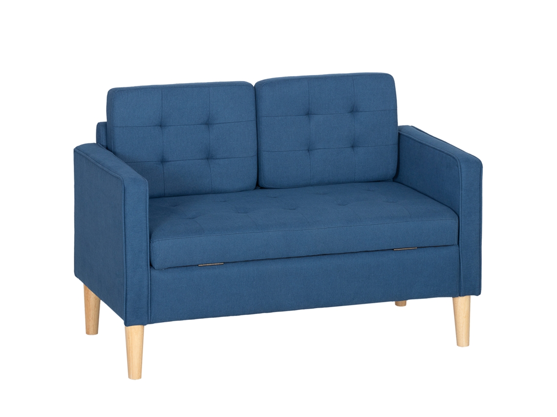 Sofá Con Brazos, Capitoné, Cojines, Madera Caucho, 117x62x78cm, Azul