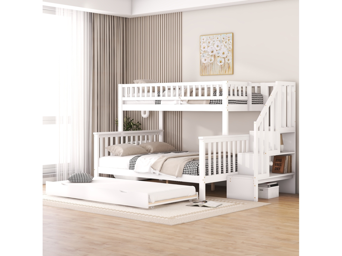 Litera de 90 x 200 cm y 140 x 200 cm, con estructura (sin colchón), cama infantil, pino, con cajón y escalera, color blanco