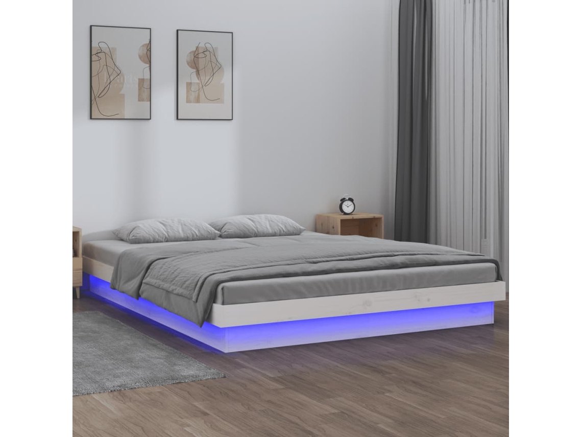 Estructura De Cama Doble Led Sin Colchón Madera Maciza Blanco