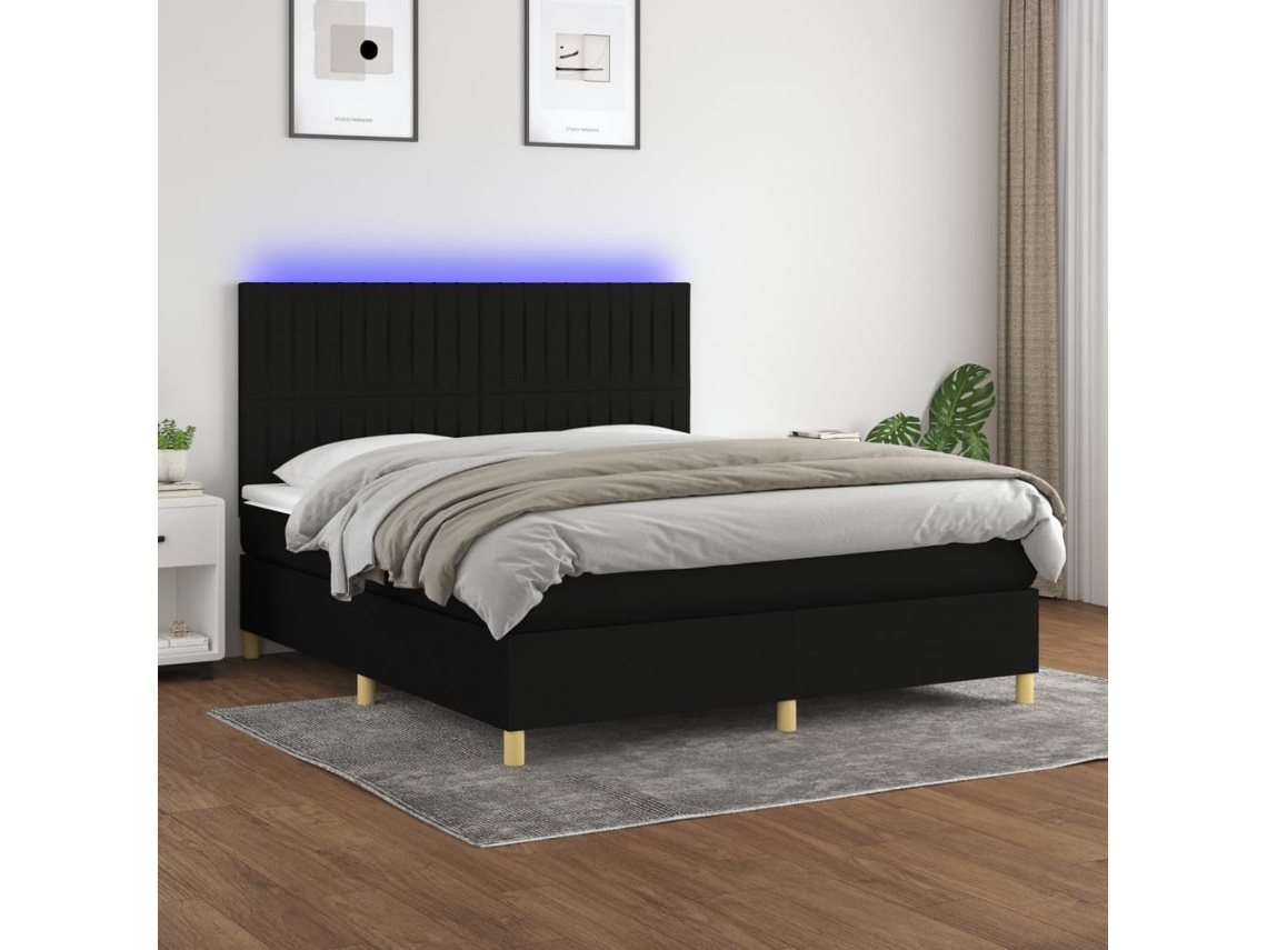 Cama Box Spring Colchón Y Luces Led Tela Negro 160x200 Cm