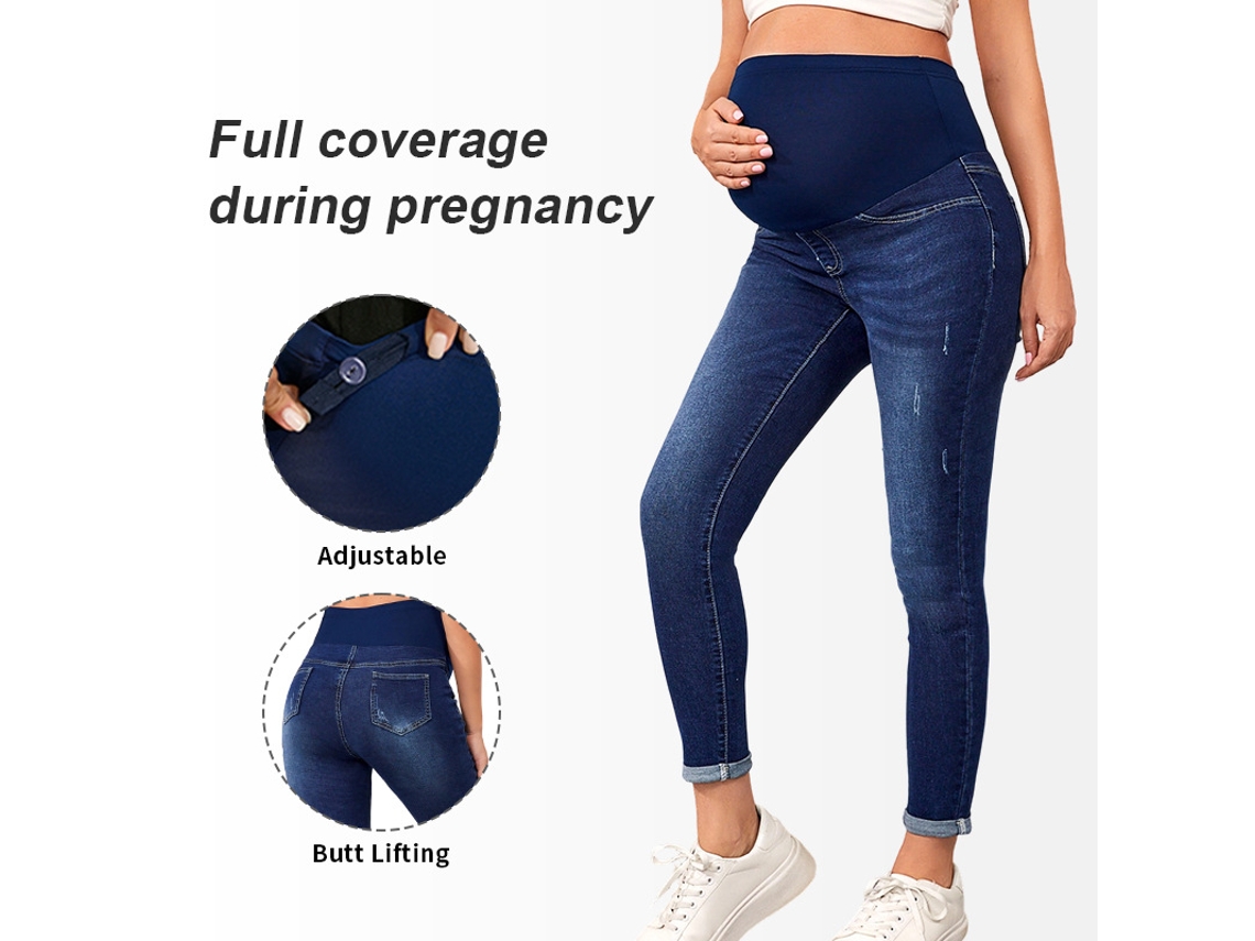 Pantalones Vaqueros Premamá Para Mujer, Cintura Ajustable, Azul Oscuro, Talla S Panoona
