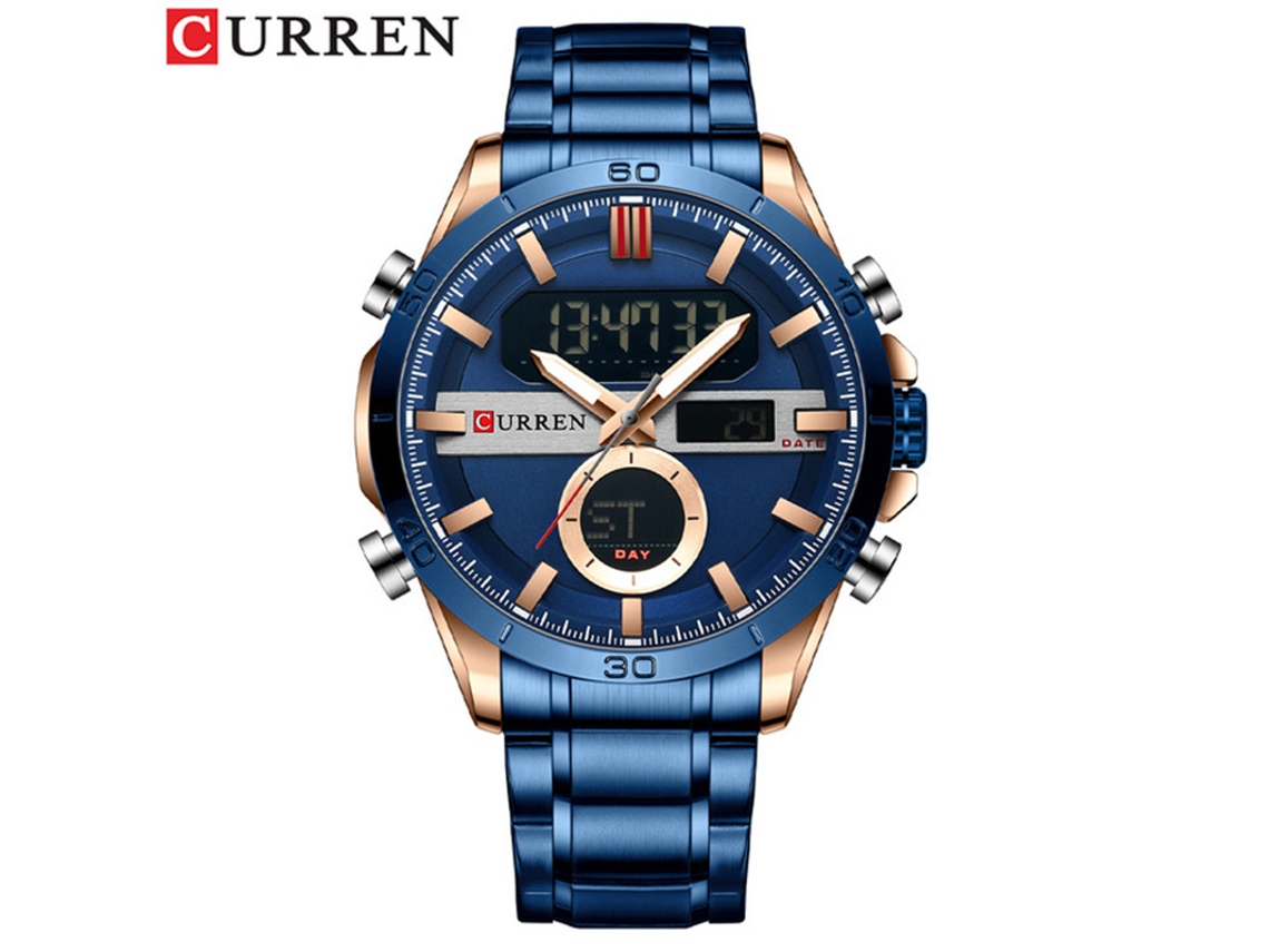 Reloj multifuncional MDUG con mecanismo de doble pantalla, fecha luminosa y brazalete de acero inoxidable.