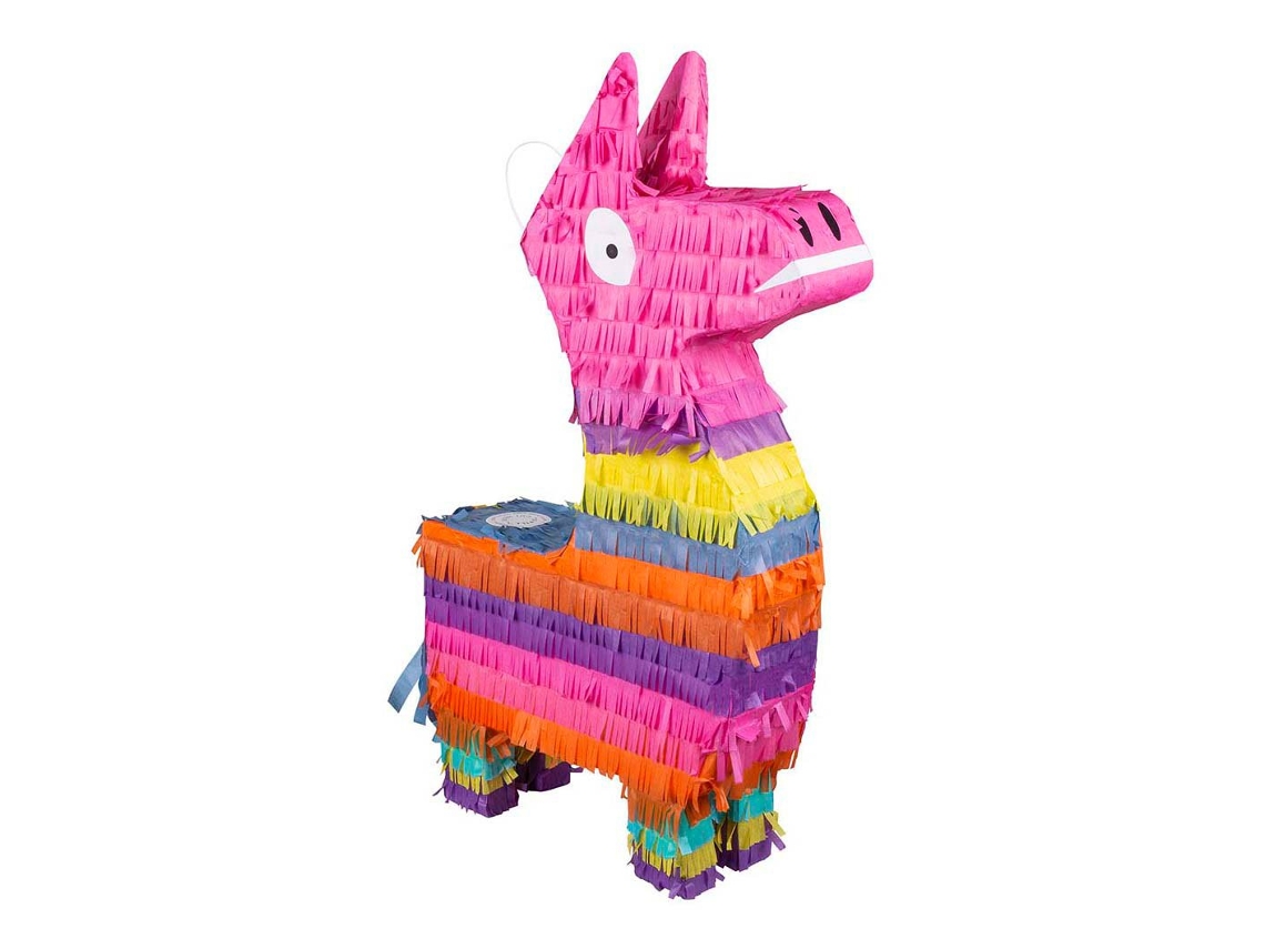 Piñata de cartón colorida hecha con forma de llama, perfecta para fiestas de cumpleaños infantiles.