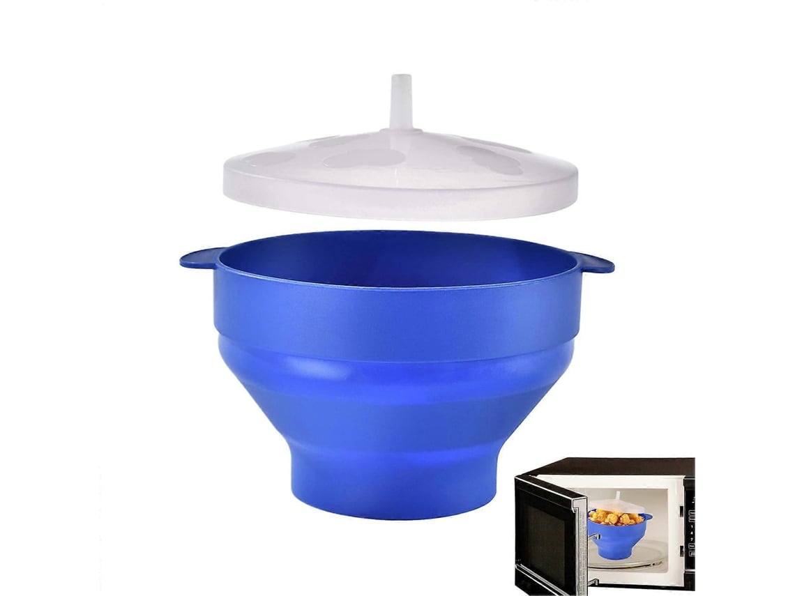 Bol plegable de silicona para palomitas de maíz en microondas con tapa y asa resistente al calor, color azul.