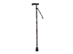 Bastón plegable con estampado floral y empuñadura en T, ideal para personas mayores que necesitan movilidad en exteriores.