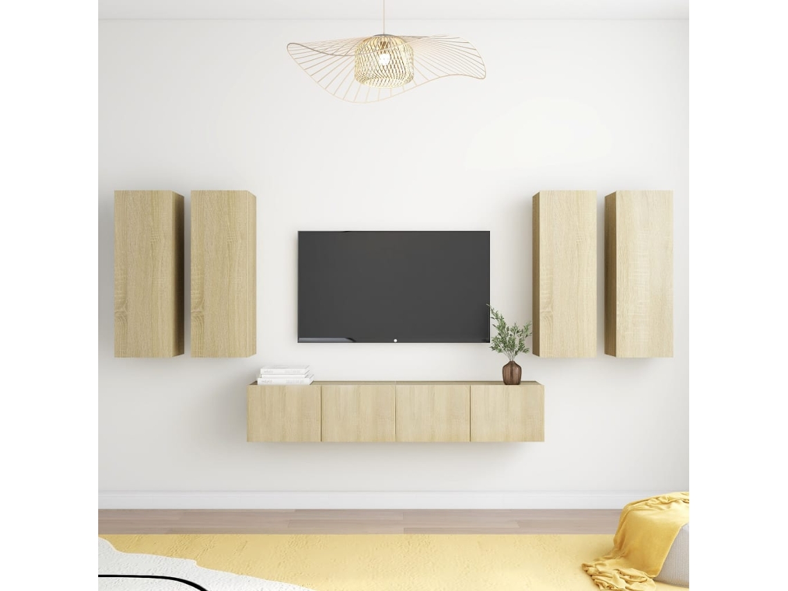 6Pzs Pack de Muebles de Armario Tv Contrachapado Color Roble Sonoma