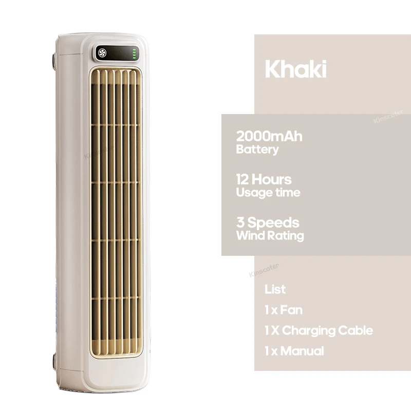 Ventilador para aire acondicionado, no requiere perforación, tres velocidades, recargable, montaje en pared. MDUG (caqui)