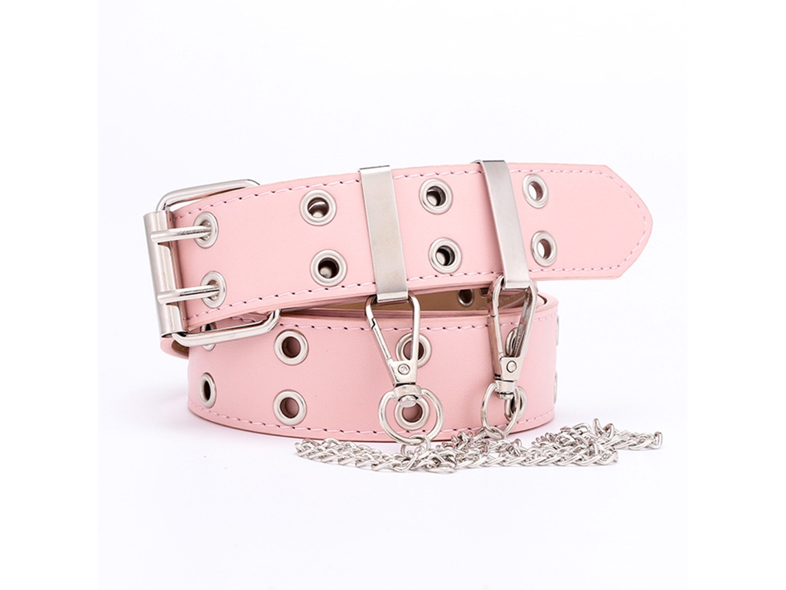 Cinturón De Piel Sintética Con Doble Ojal Y Cadena Decorativa, 2 Agujeros, Versátil, Rosa, Talla Única.