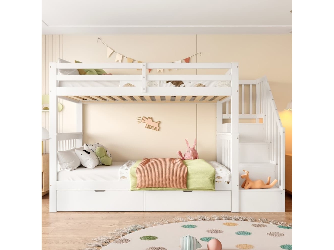 Cama Litera 90x200 Cm - Con Estante Escalera, 2 Cajones, Barandillas Altas, Certificada En747-1, Blanca