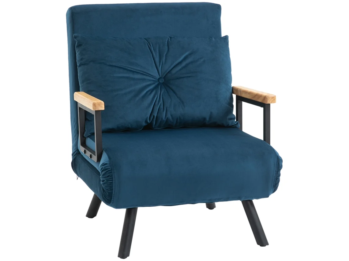 Sofá cama reclinable de terciopelo con respaldo ajustable, color azul.