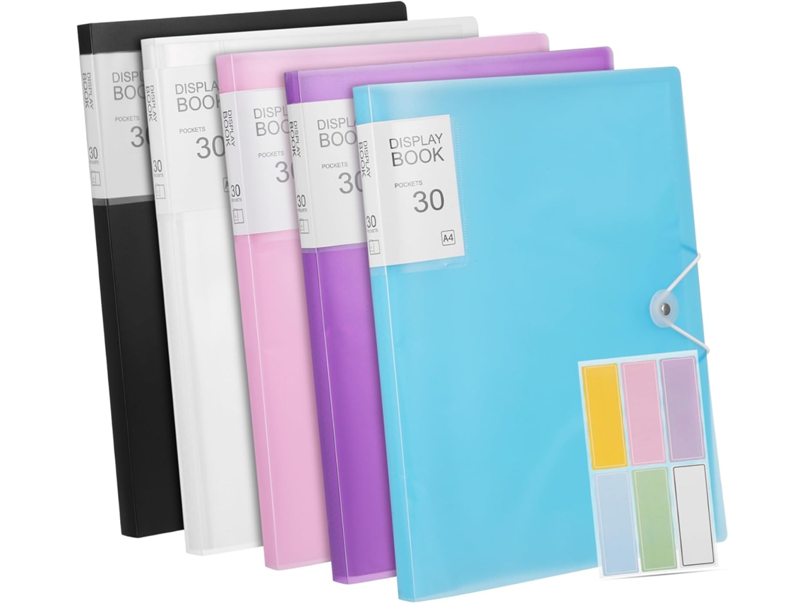 Carpeta De 5 Hojas Con Bolsillos Transparentes Para Documentos, Color Negro, Azul Y Rosa.