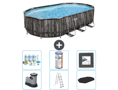 Piscina BESTWAY Oval Power Steel - 610 x 366 x 122 - Gris - Incluye bomba - Escalera - Cobertor Paquete de mantenimiento - Filtrar - Baldosas