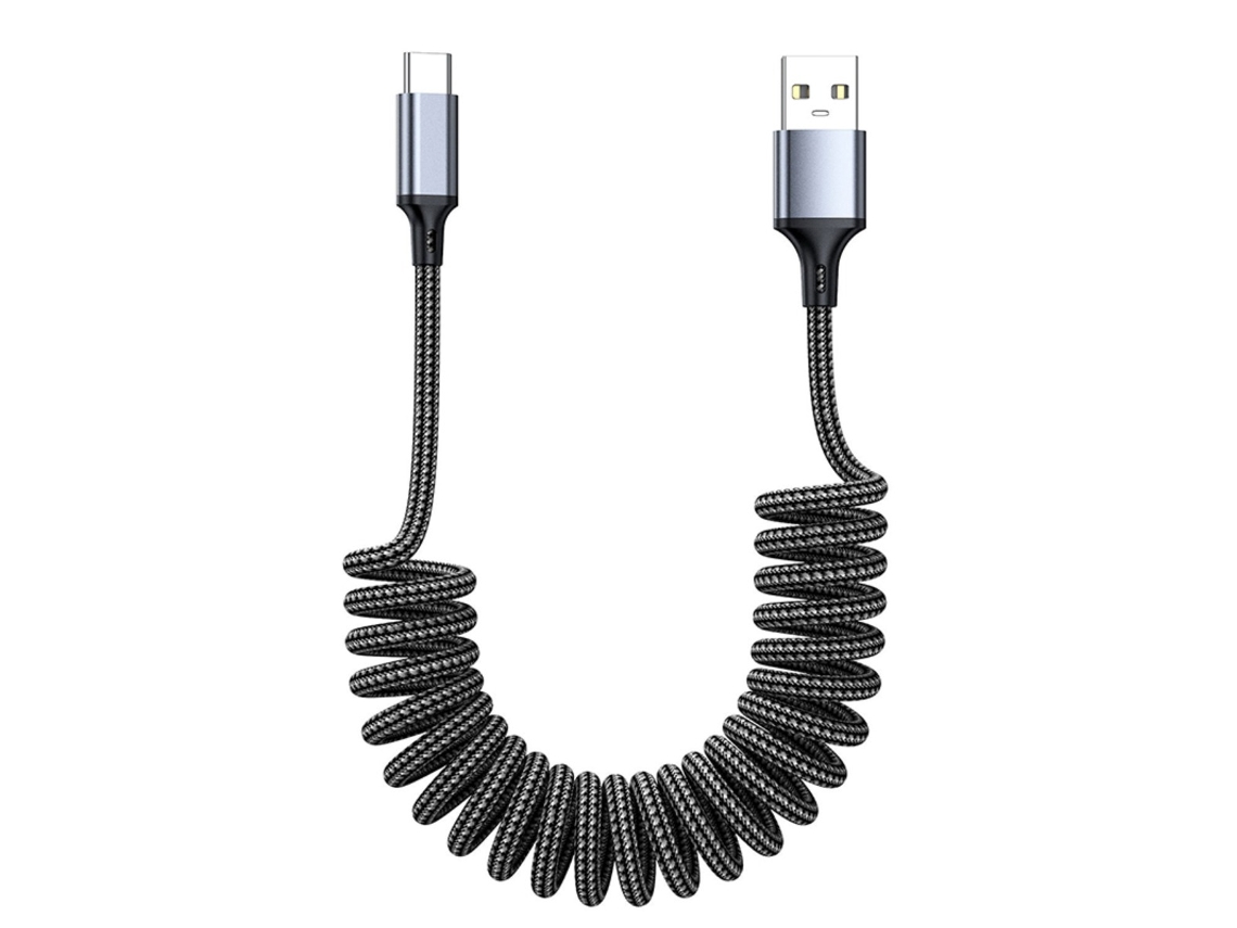 Cable Retráctil De Resorte — Usb-a A Usb-c Trenzado En Nylon, Carga Rápida Qc/fcp/afc, Carplay Compatible Con Iphone 2 Metros