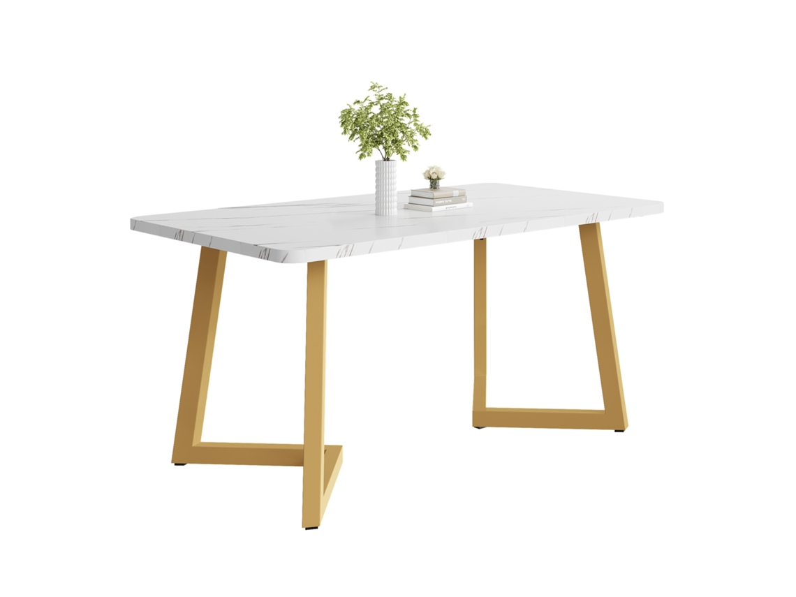 Mesa de Comedor con Tapa Efecto Mármol y Patas de Metal Dorado 117x68cm Estilo Blanco y Dorado