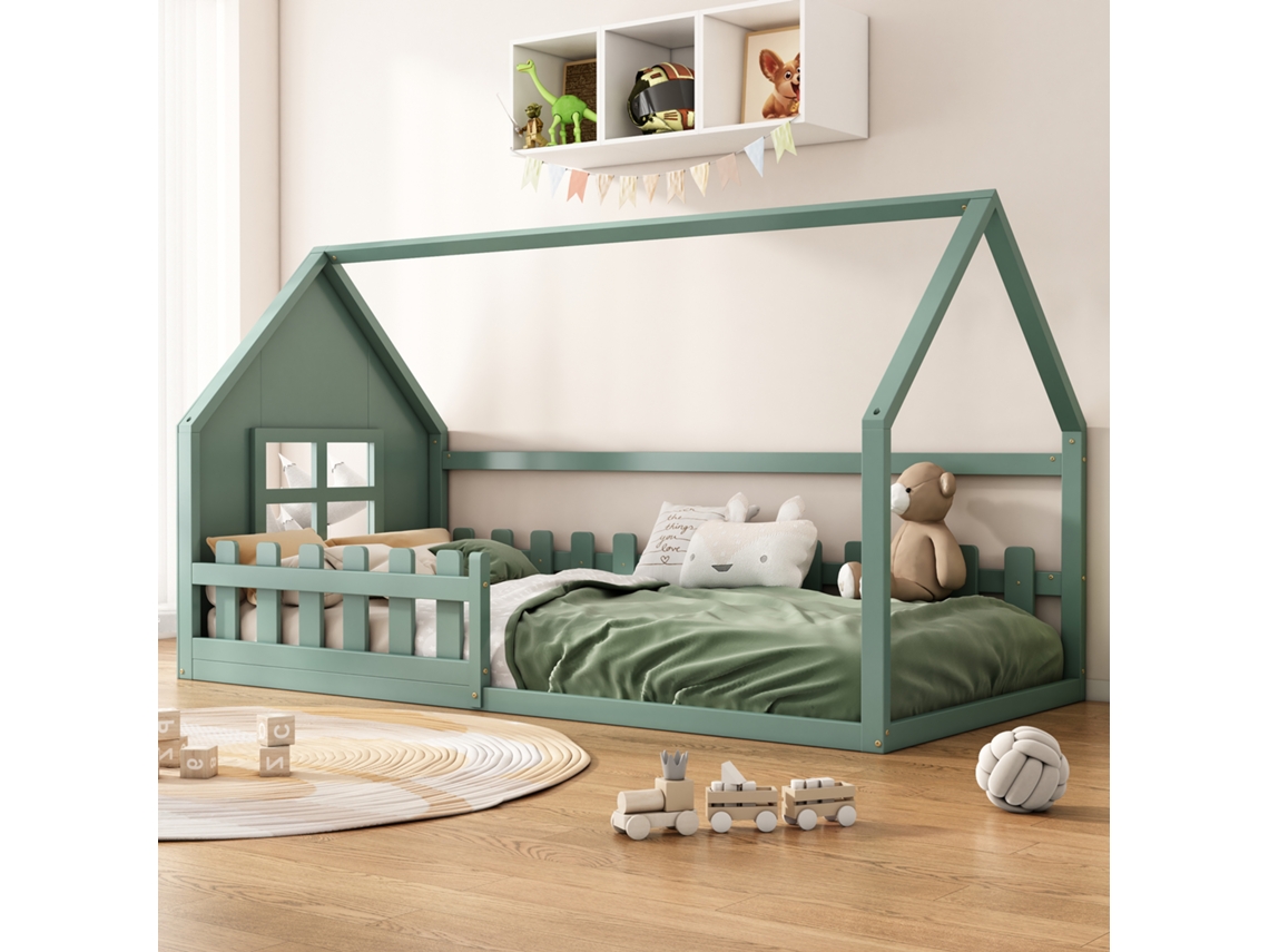 Cama Infantil Tipo Casita, 90x200 Cm, Cama Plana, Verde.