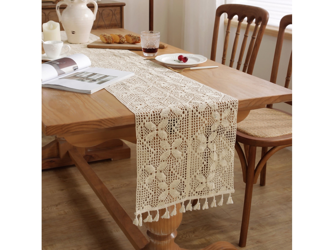 HYMNORA Mantel Crochet, Beige Clásico Toalla de Mesa Boho con Borlas Decoración Vintage para Mesa de Cocina Comedor Fiesta Boda