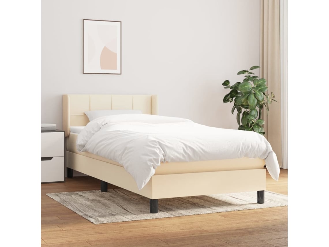 Cama Box Spring Con Colchón Tela Color Crema 90x200 Cm