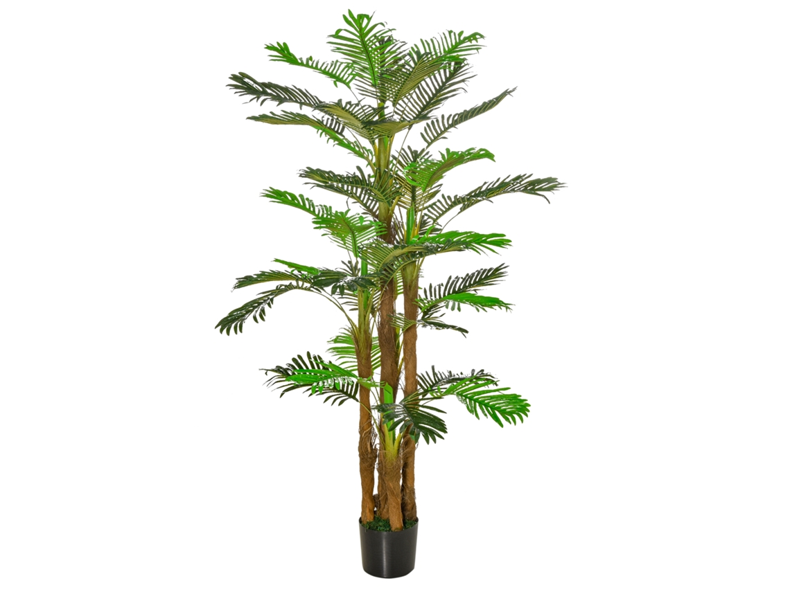 Palmera artificial de 1,85 m con tronco y líquenes, hojas densas y realistas, maceta incluida.