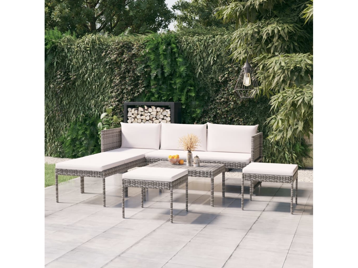 Conjunto de jardín de 6 piezas con cojines, ratán gris, DKD Home Decor